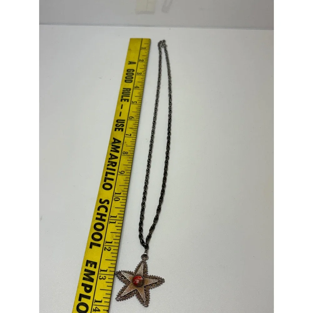 Vintage Silver Tone Filigree Star Pendant Necklace Red Marbled Cabochon